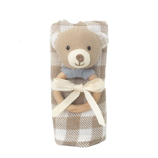 Gingham muslin and bear wood rattle gift set