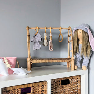 Rattan wicker doll wardrobe rack with hangers